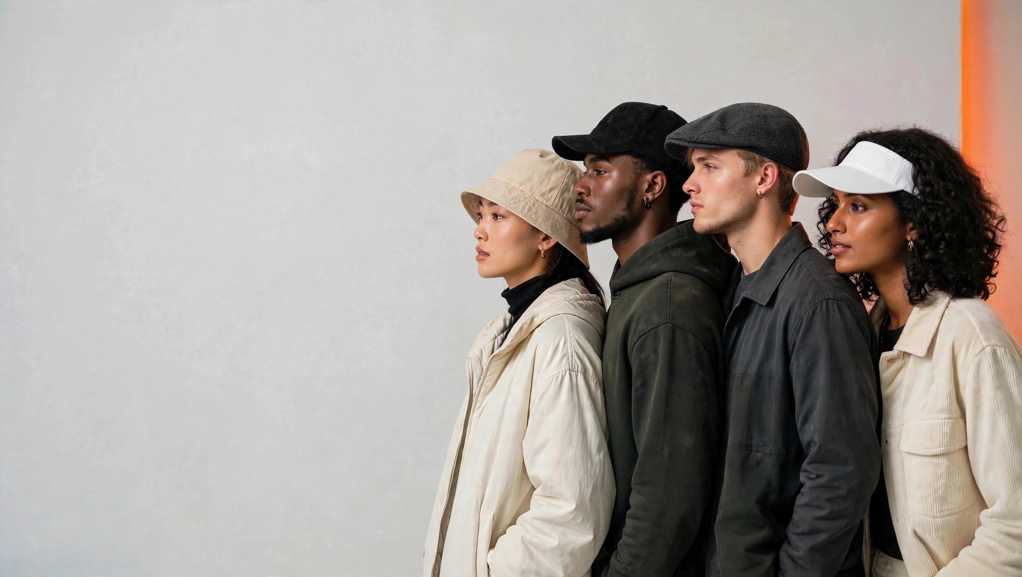 Four models wearing Hatzio headwear styles